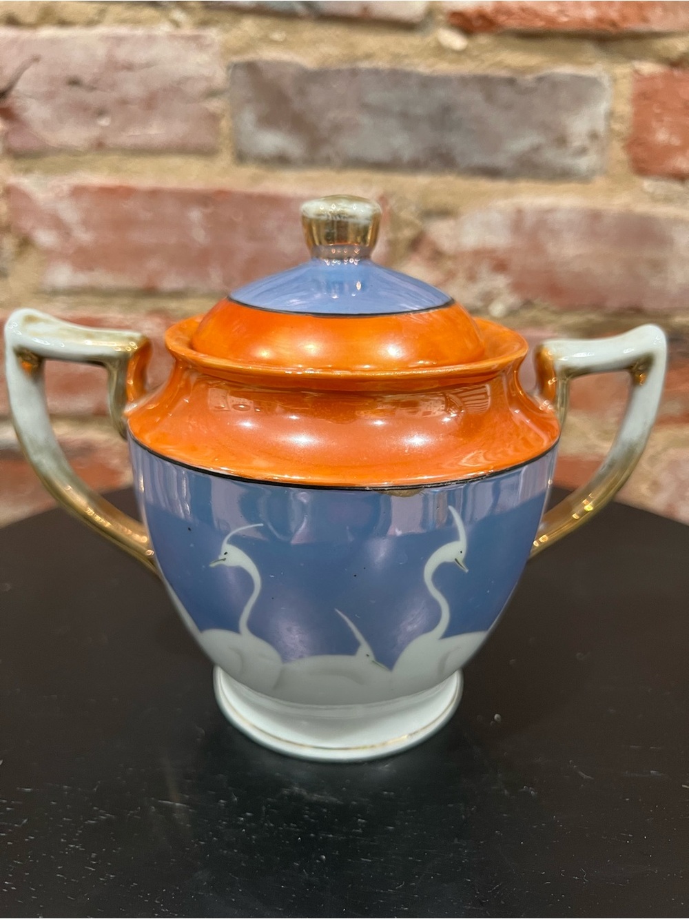Vintage Blue and Orange Porcelain Lidded Swan Sugar Bowl with Gold Handles